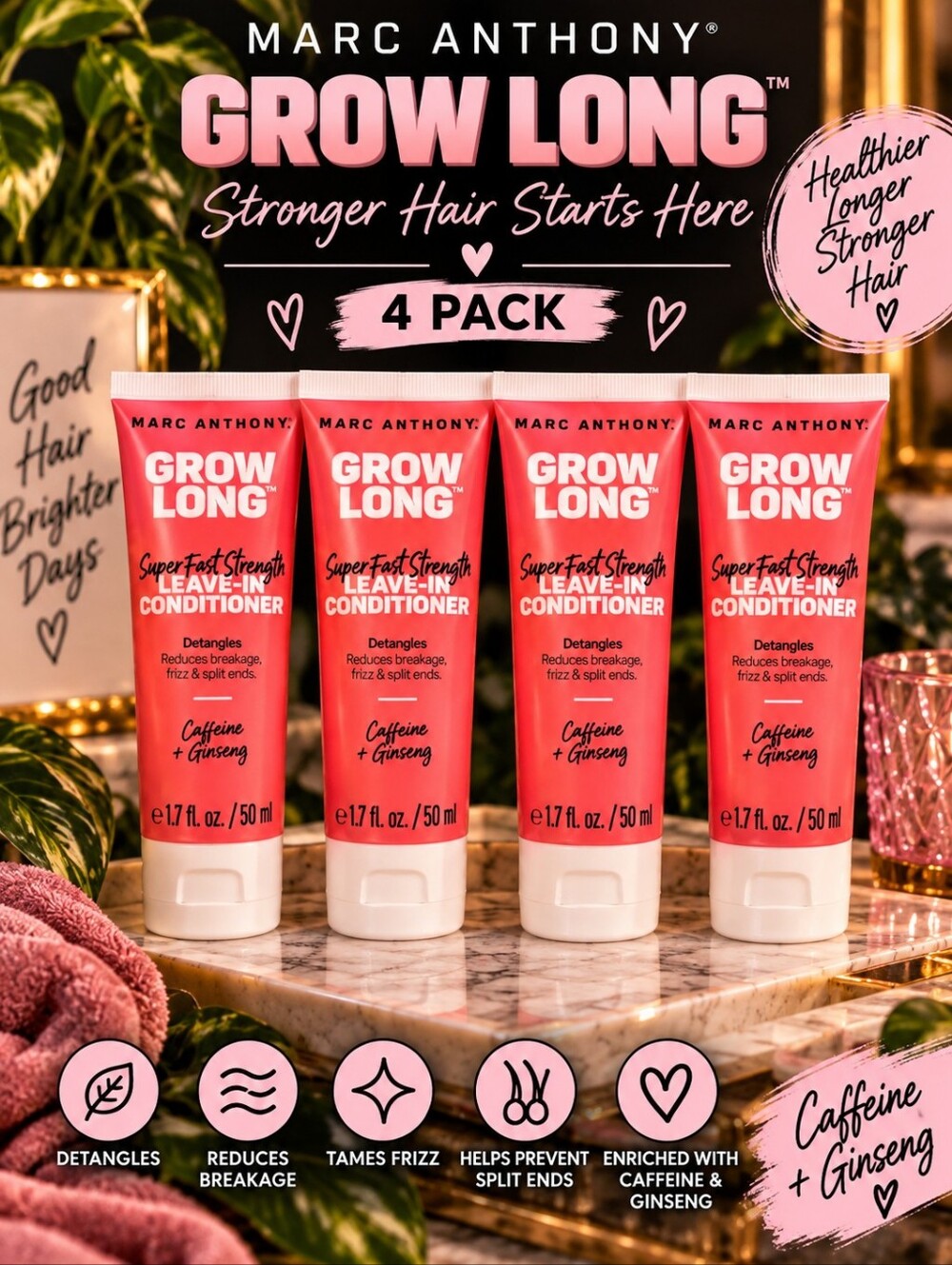 Marc Anthony Grow Long Leave-In Conditioner - Pink Tubes (4 Pack)